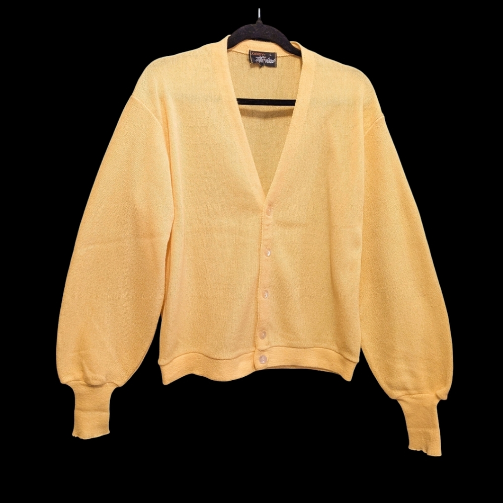 60s V- Neck Cardigan Rat Pack Style Jockey Lemon Yellow Knit Vintage Large